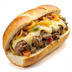 Delicious Philly Cheesesteak Sandwich with Melted Cheese and Peppers, White Background, Food Photography, Sandwich, Philly Cheesesteak, Street Food