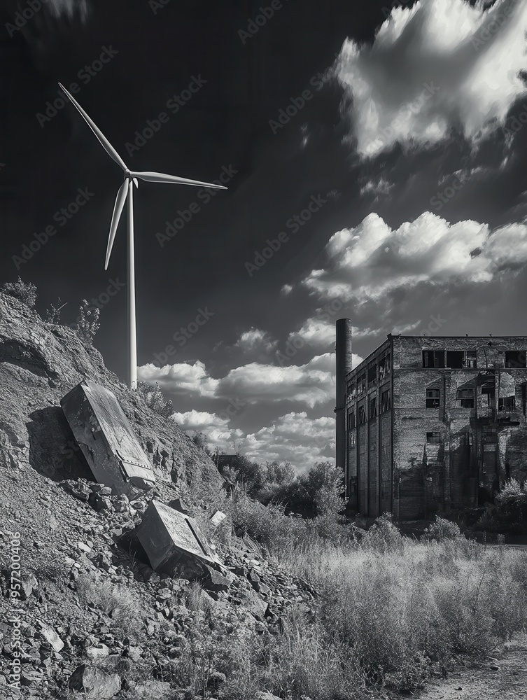 Aufkleber wind turbines stand tall against the backdrop of abandoned coal mines and old factories, illustratin