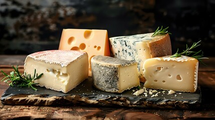 Assorted gourmet cheese blocks with blue mold and herbs on rustic wooden background, perfect for food industry, restaurant menus and culinary blogs.