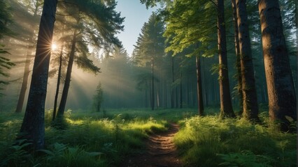 Obraz premium Wallpaper natural summer forest and sun rays penetrating through trees