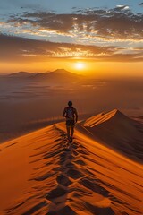 breathtaking scene of a man walking along a desert dune at sunset, with the golden light casting long shadows across the sand, evoking a sense of adventure and solitude. Ideal for travel, exploration