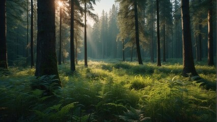 Obraz premium Wallpaper natural summer forest and sun rays penetrating through trees