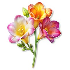 Fototapeta premium Freesia Bouquet - Digital Painting, Three Blooms, Pink, Yellow and Purple, White Background, freesia, flower