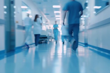 Blurred hospital corridor with people walking and medical staff working in the background, blurred...