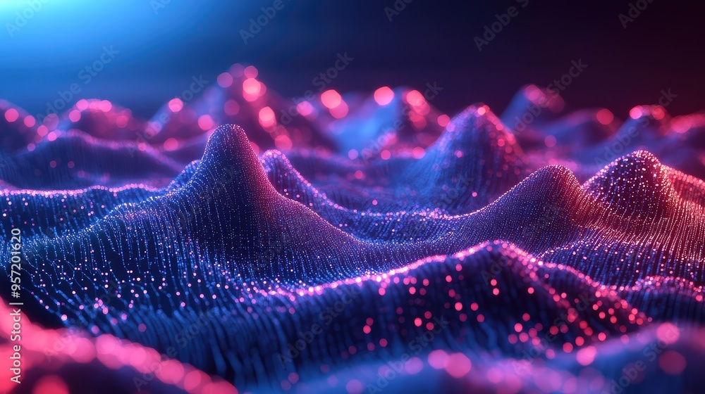 Poster an abstract 3d render of mountains composed of interconnected computer components, with dynamic ligh