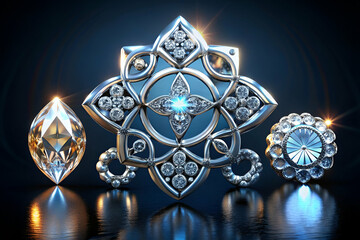 A collection of four different shaped and sized diamonds and crystals. The diamonds are all different shapes and sizes, and the crystals are also of various shapes and sizes