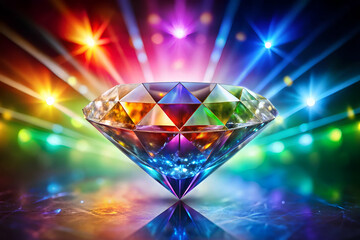 A diamond is lit up with a rainbow of colors. The diamond is surrounded by a colorful light show