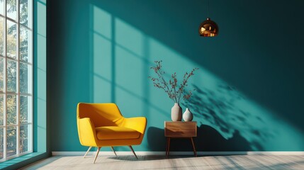 Modern Living Room with Yellow Accent Chair and Teal Wall