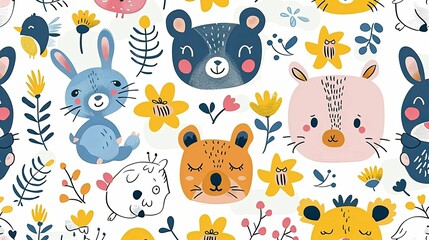 Cute Cartoon Animals and Floral Pattern