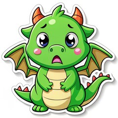 Fototapeta premium Green Dragon Sticker with Big Eyes, Cartoon Illustration, Cute Creature, Sticker Design, Dragon Art, Fantasy, Creature