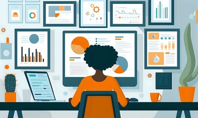 Business analyst working with multiple data visualization screens and charts, monitoring performance metrics and financial statistics in modern office workspace with digital dashboard interface.