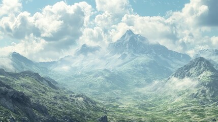 Fototapeta premium Mountains with a mix of natural and computer-generated textures, set against a sky with virtual clouds and digital effects, creating a futuristic environment