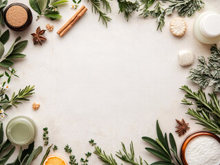 Beautiful arrangement of natural herbs, oils, and skincare products for wellness and beauty on a light surface.