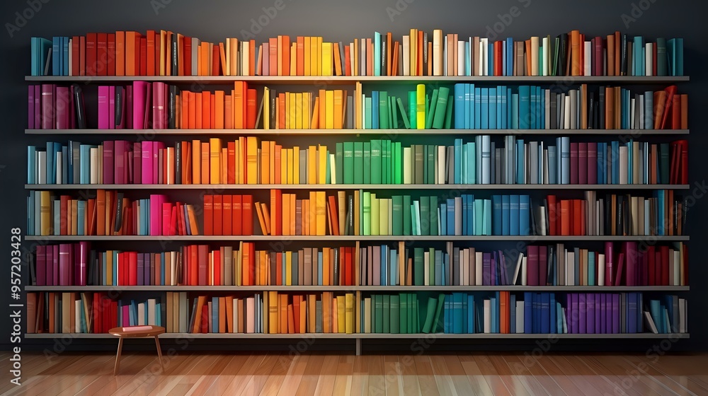 Poster a colorful bookshelf with neatly arranged books in a gradient rainbow pattern, creating a vibrant an