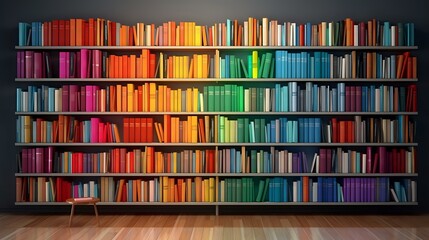 Fototapeta premium A colorful bookshelf with neatly arranged books in a gradient rainbow pattern, creating a vibrant and organized display. Ideal for themes related to education, organization, and interior design.