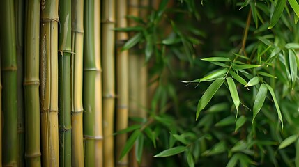 Obraz premium Fresh bamboo stems and green leaves create zen atmosphere for spa, wellness and meditation background with natural blurred effect.