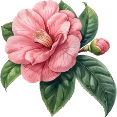 A beautiful pink camellia flower with its petals open wide, showcasing its delicate center. Surrounded by glossy green leaves, this bloom evokes elegance and natural beauty