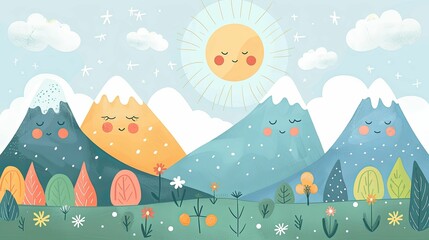 Cartoon Mountains with Smiling Faces and a Happy Sun