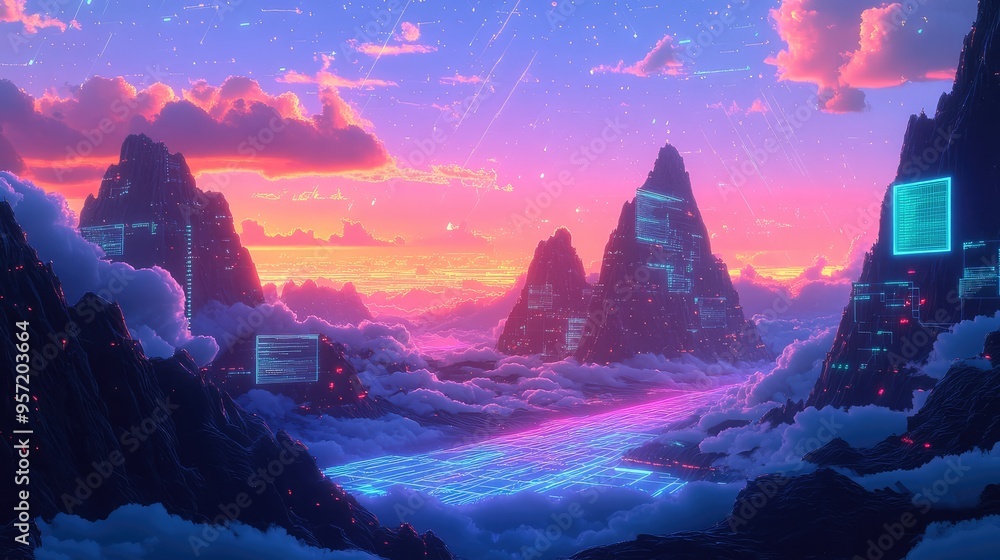 Poster mountains with neon circuitry and glowing screens, set under a high-tech sky with animated clouds an