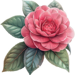 A vibrant pink camellia flower with its delicate petals and lush green leaves, beautifully rendered in the style of a childrens book illustration