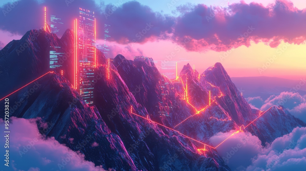 Poster mountains with neon circuitry and glowing screens, set under a high-tech sky with animated clouds an