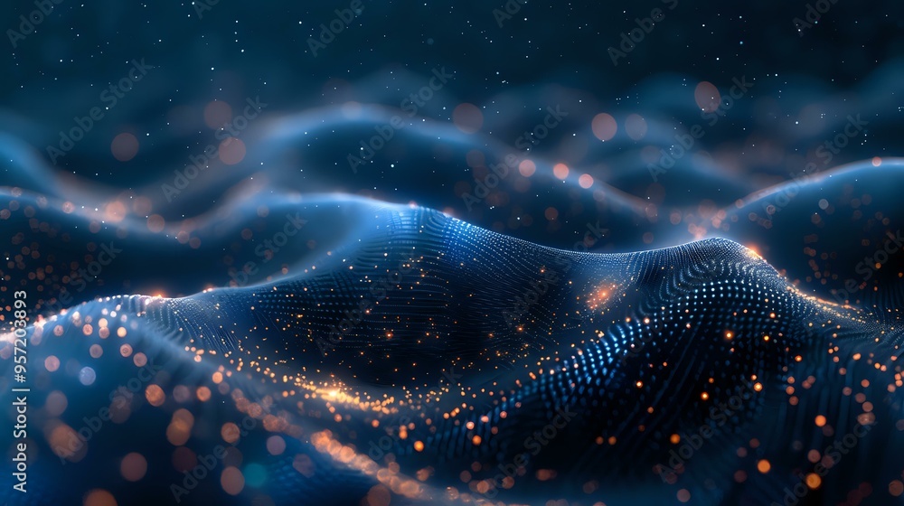Poster an abstract image of undulating waves covered in glowing particles, symbolizing data flow, technolog