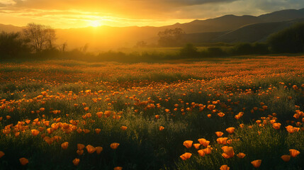 field of poppies flowers in the field  at sunset , In spring 