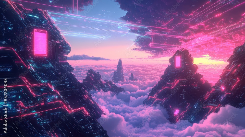Poster Mountains with neon circuitry and glowing screens, set under a high-tech sky with animated clouds and data streams blending into the horizon