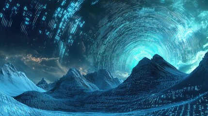 Mountains with integrated computer screens and circuitry, set against a dynamic sky with swirling binary code and virtual light effects