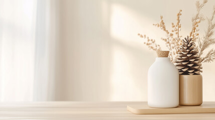 A serene setting with a white ceramic bottle and a natural pinecone displayed on a wooden tray, complemented by soft sunlight filtering through a window