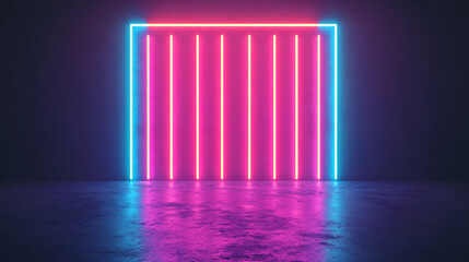 Vibrant neon lights create a stunning backdrop with colorful reflections on a smooth floor, perfect for modern aesthetics.