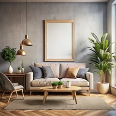 Living Room Interior with White Frame, Beige Couch, and Wooden Coffee Table, Interior Design, Home Decor, Living Room