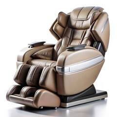 Fototapeta premium Luxurious Brown Leather Massage Chair, Isolated on White, 3D Render, Relaxation, Comfort, Wellness