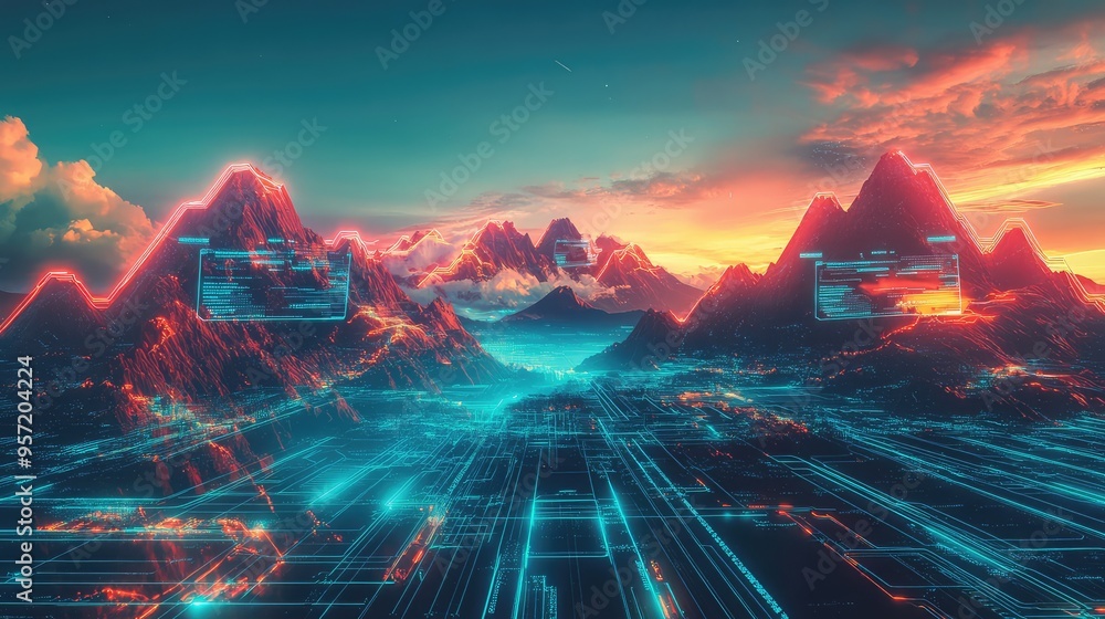 Poster Mountains with neon circuitry and glowing screens, set under a high-tech sky with animated clouds and data streams blending into the horizon