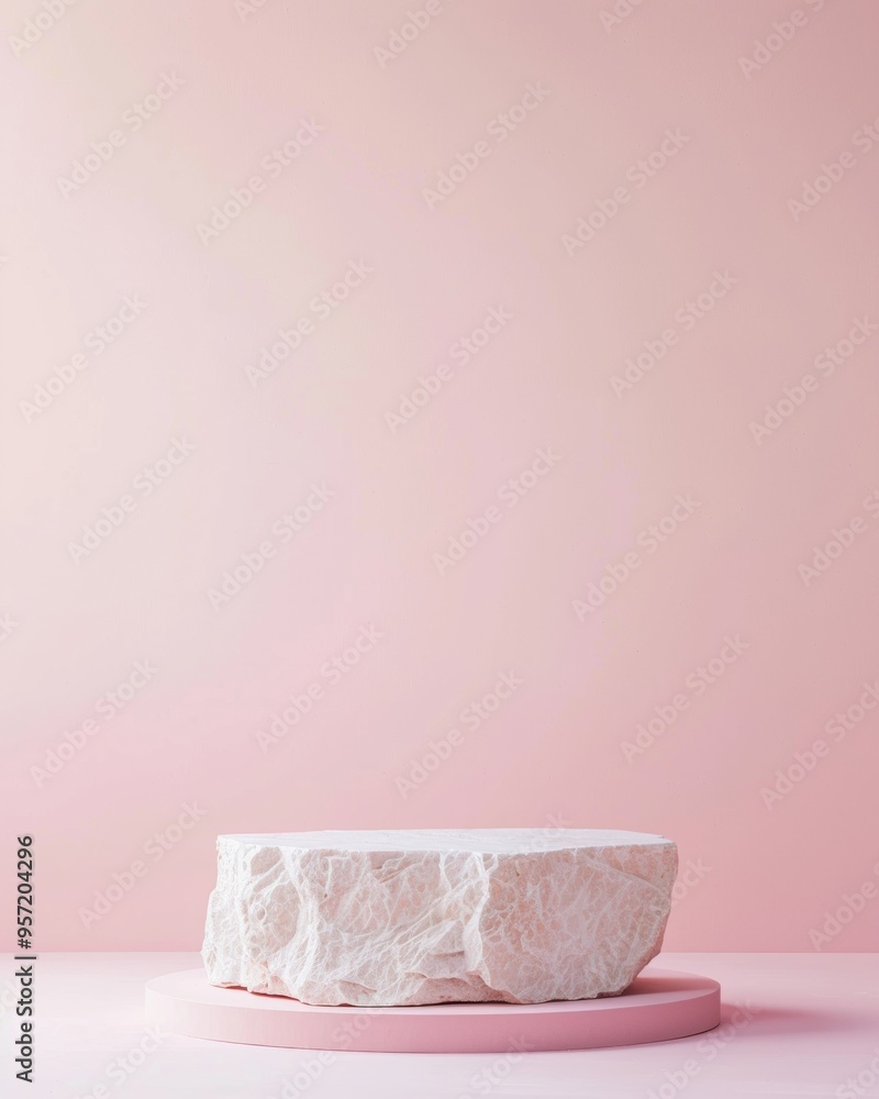 Poster Minimalist Textured Stone Podium on Pastel Pink Background with Soft Glow and Gradient Effect