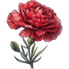 A detailed illustration of a single red carnation flower with a bud, drawn in the style of a childrens book. The carnation is in full bloom with delicate petals and a deep red color