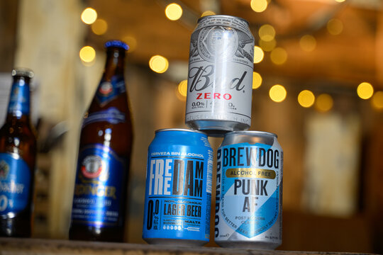 Non-Alcoholic Beer Cans Display: Featuring BrewDog Punk AF, Free Damm 0.0, and Bud Zero for a Refreshing Sober Alcohol-Free Experience