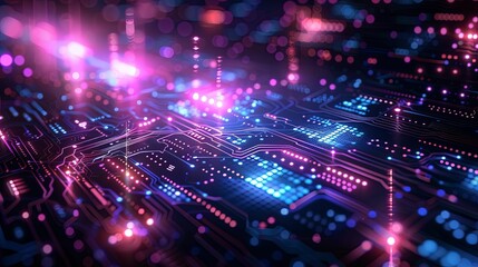 Abstract Circuit Board with Glowing Lines and Bokeh Lights