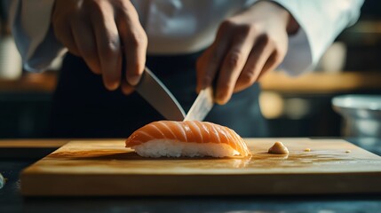 A sushi chef slicing a perfectly cooked piece of fish with a sharp knife