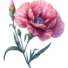 A colorful, stylized pink carnation flower with a bud and stem, drawn in the style of a childrens book