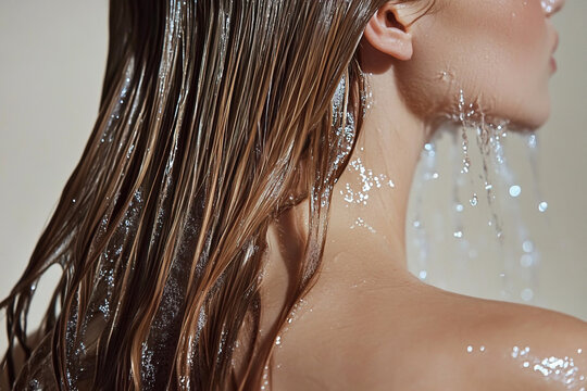 Young woman taking shower and washing her long hair