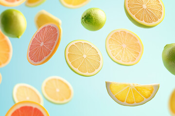 Obraz premium Colourful view of citrus fruits flying on a soft background