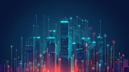 Fototapeta premium A vibrant city skyline with dynamic digital elements showcasing technology integration at night