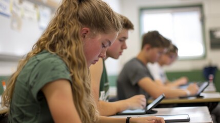 High School Students Engaged in Digital Learning with Tablets in a Classroom Setting