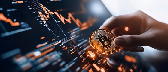 Hand pull digital coins out of screen, Illuminating the Future of Finance Dynamic Digital Environment with Cryptocurrency and Blockchain Financial Growth Trends