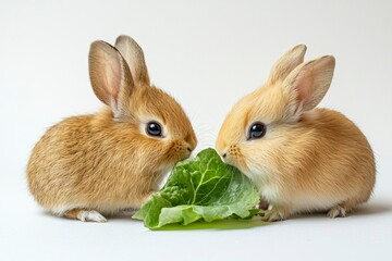 Fototapeta premium Two Brown Rabbits Sharing a Green Lettuce Leaf