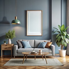 Modern Living Room Interior with Gray Sofa, Wooden Coffee Table, and Green Plant, Interior Design, Living Room Decor, Home Decor