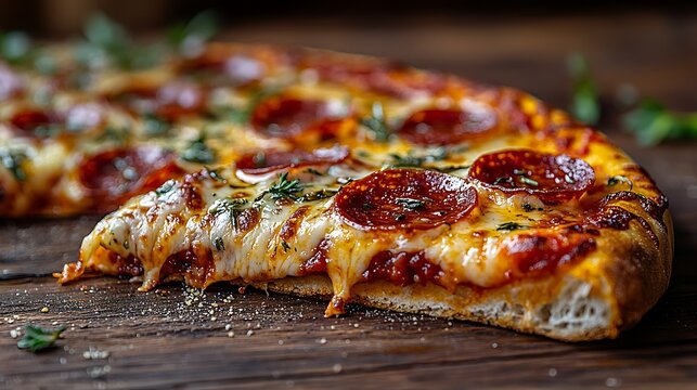 A close-up of a pepperoni pizza slice with oozing cheese being lifted from a wooden table, crumbs falling, with soft natural light accentuating the textures, hd quality --ar 16:9 --sref https://s.mj.