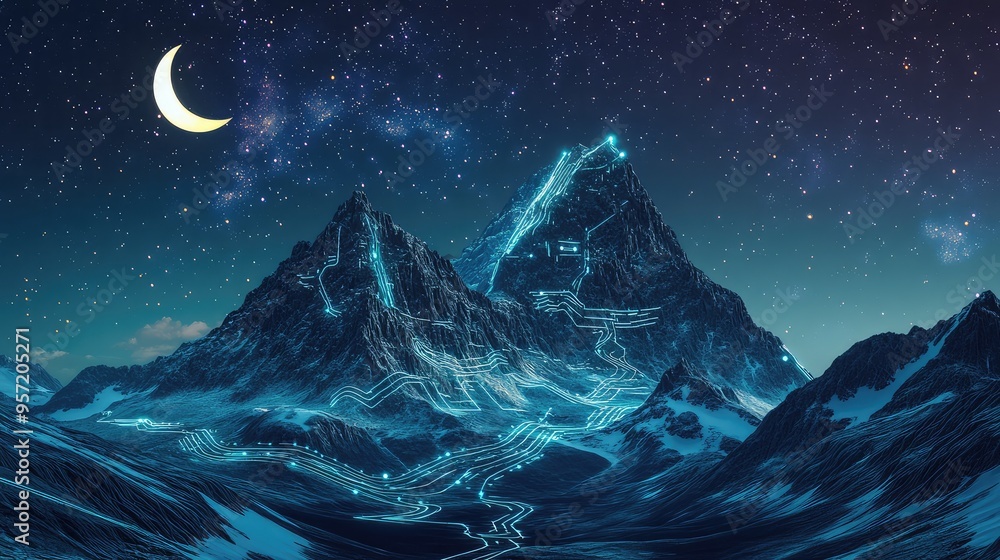 Poster a computer-generated mountain range with luminous circuits, set against a starry sky and a crescent 