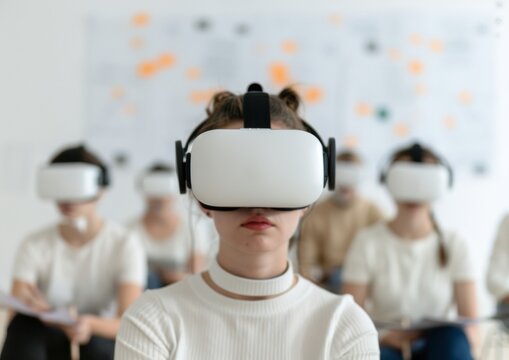 Diverse Group of Young Adults in AR/VR for Collaborative Learning and Virtual Brainstorming in Modern Classroom - Daytime, Engaged, Futuristic Education